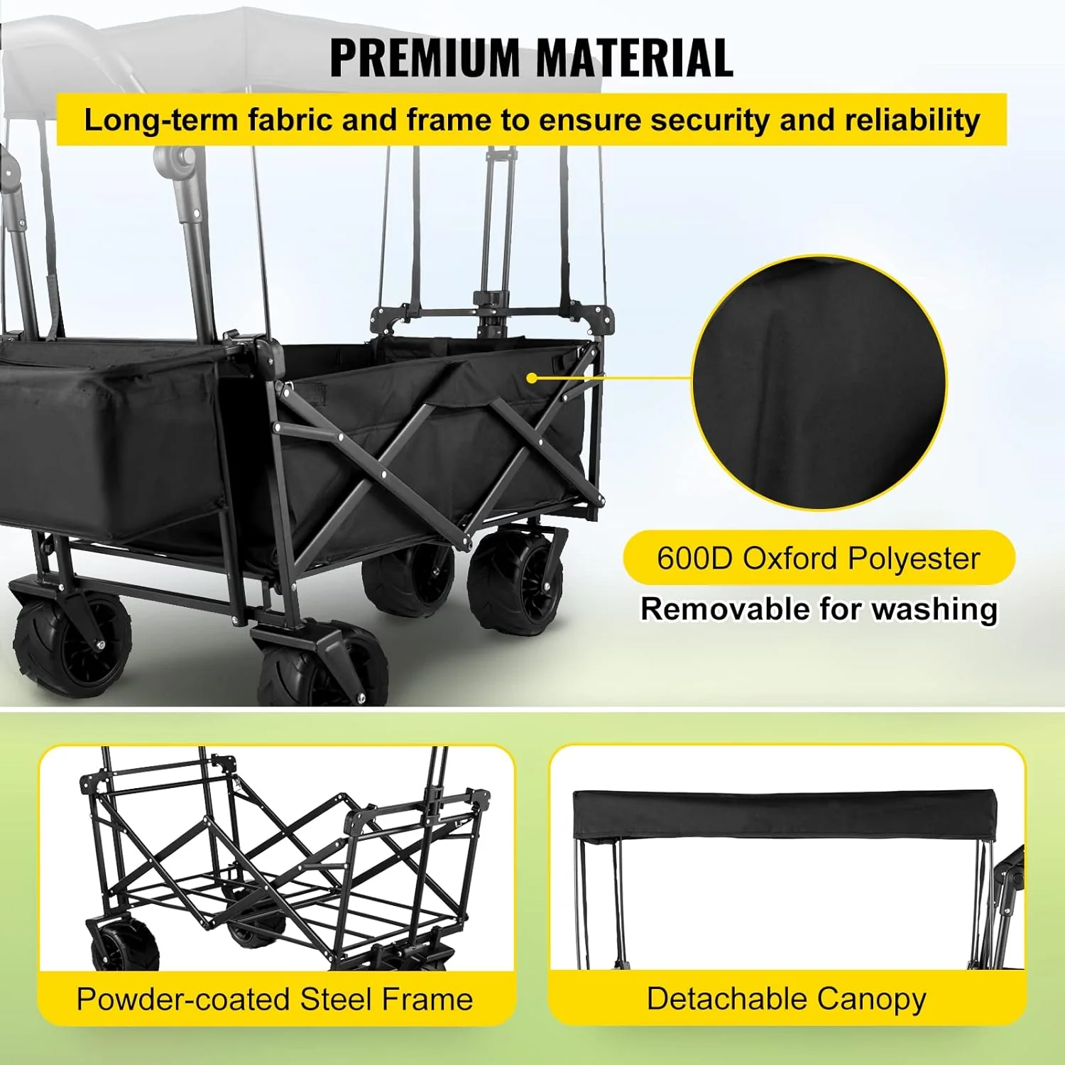 Daolar Foldable Handcart with Roof Garden Cart Including Foldable Solid Rubber Tyres, Up to 225 kg, Front and Rear Brakes - Image 4