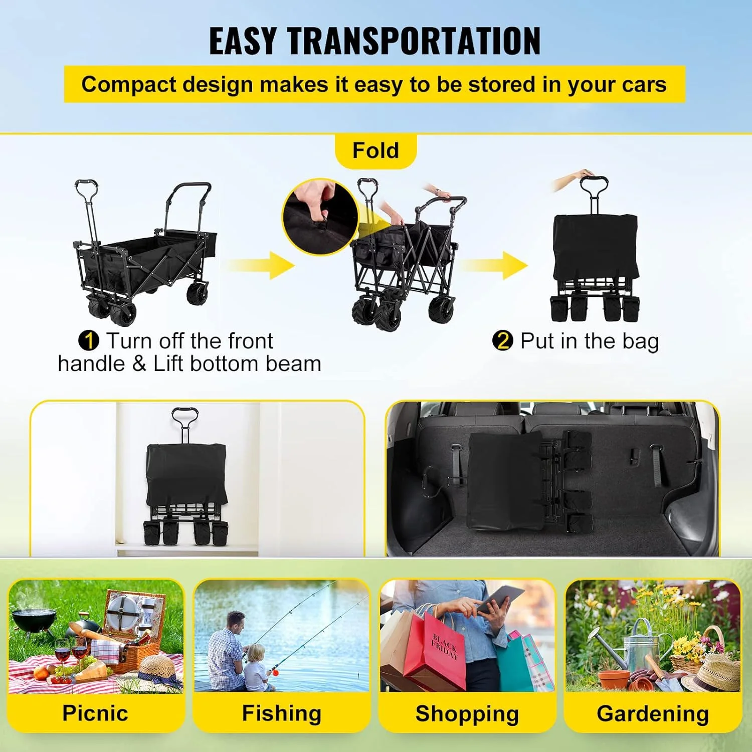 Daolar Foldable Handcart with Roof Garden Cart Including Foldable Solid Rubber Tyres, Up to 225 kg, Front and Rear Brakes - Image 6
